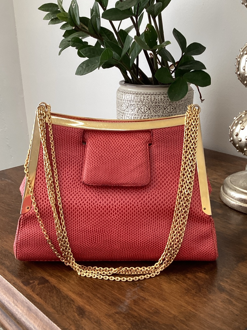 Judith Leiber Vintage Red Shoulder Bag with Gold Chain Trim